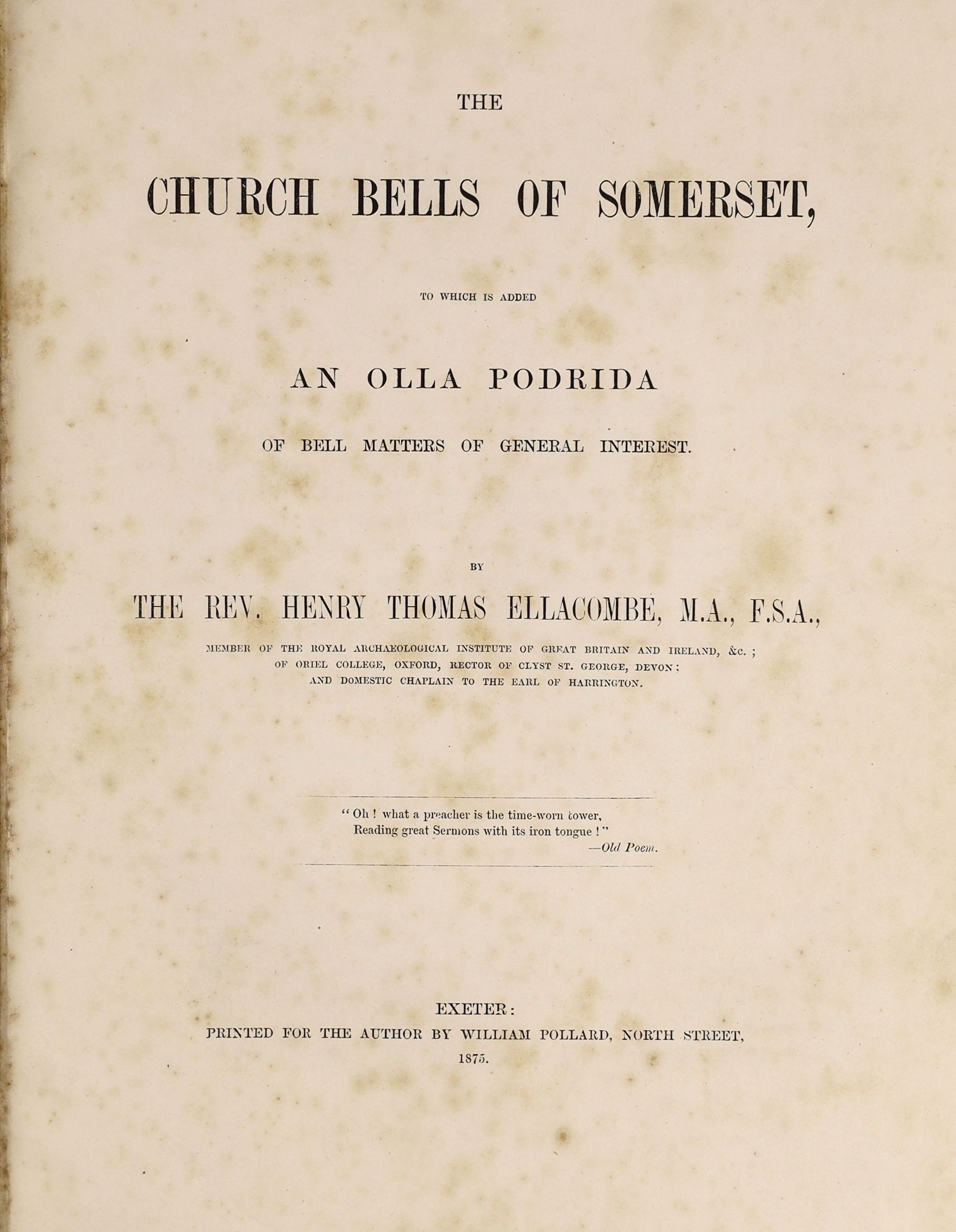 Robinson, John Martin - West Country Churches, 4 vols, 8vo, half blue morocco gilt, Bristol Times and Mirror, 1914-16 and Ellacombe, Reverend Henry Thomas - The Church Bells of Somerset, 4to, rebound crushed brown morocc